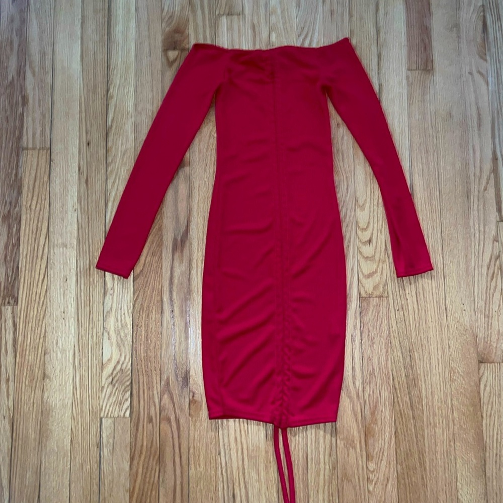 PrettyLittleThing Off the Shoulder Red Long Sleeve Dress